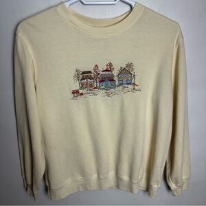 Vintage 90s Embroidered Sweatshirt Women's Size XL Lightweight Yellow Cottage